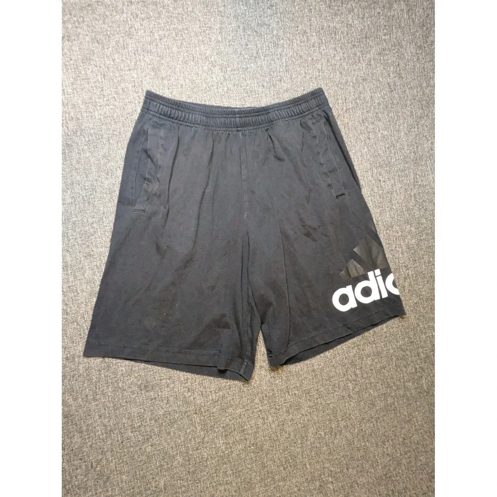 Adidas‎ Men's Black Athletic Shorts Medium White Logo Elastic Waist With Pockets